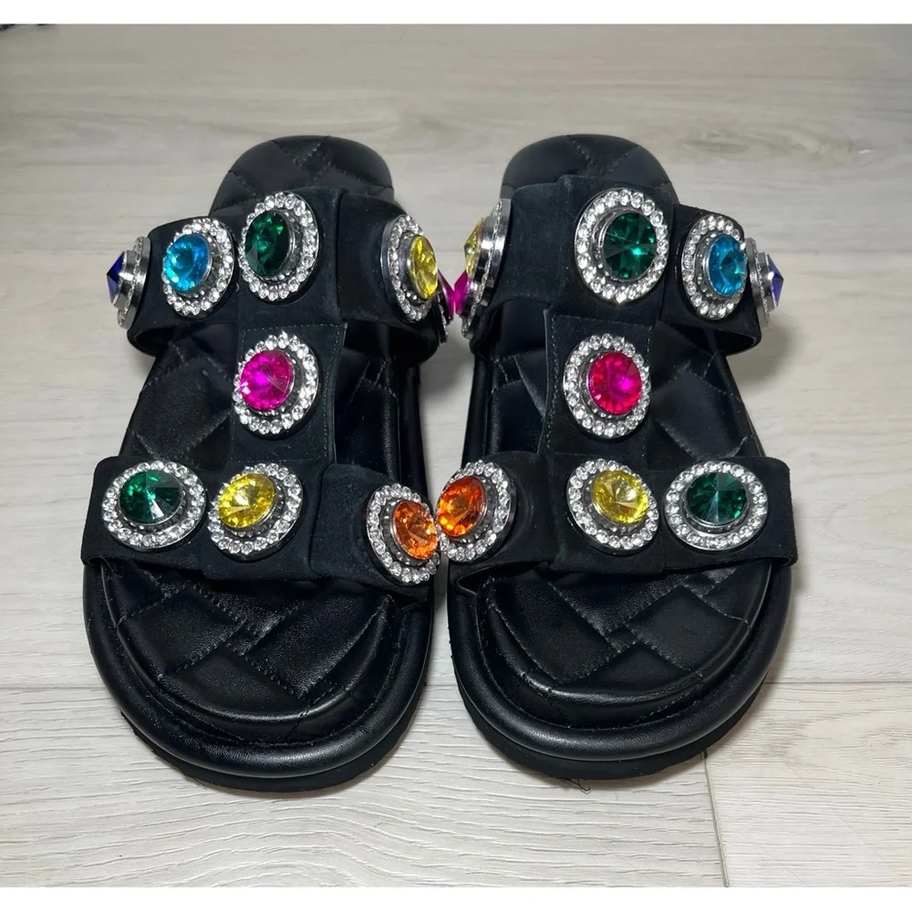 Kurt Geiger London Womens ORSON CRYSTAL Black Leather Slide Sandals Shoes Sz 9 - Picture 3 of 9